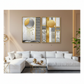 Golden Circle & Houndstooth Glam — Abstract Luxury Diptych | Set of 2 Framed Wall Art