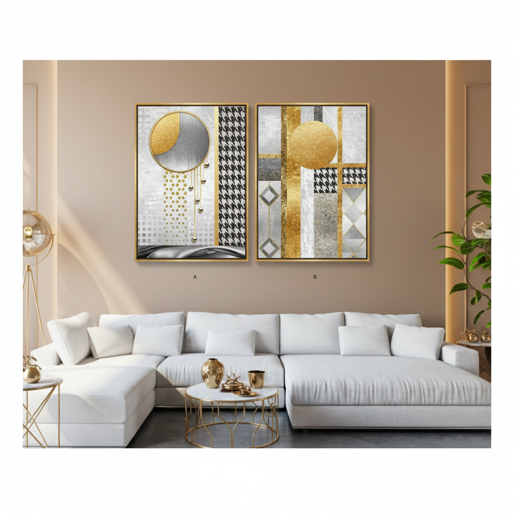 Golden Circle & Houndstooth Glam — Abstract Luxury Diptych | Set of 2 Framed Wall Art