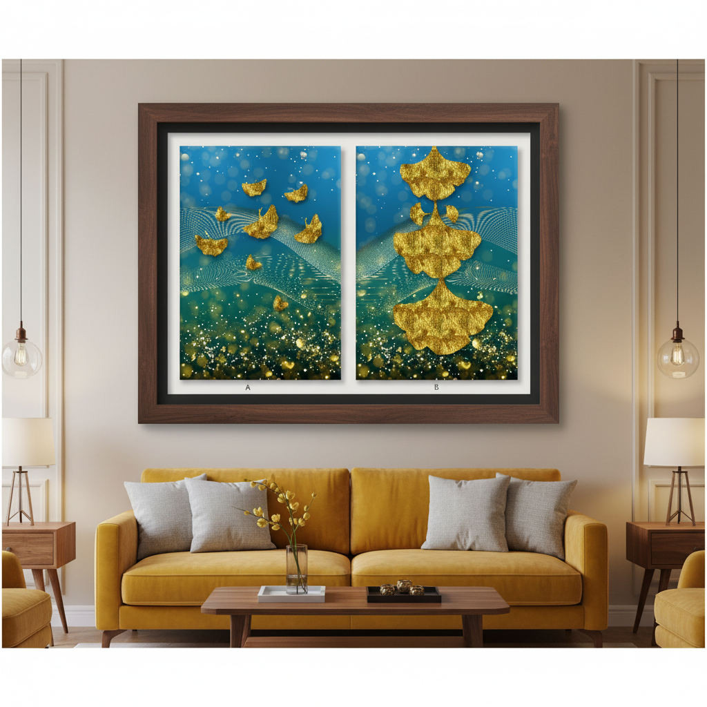Golden Ginkgo Leaves in Teal Bokeh — Botanical Diptych | Set of 2 Framed Wall Art