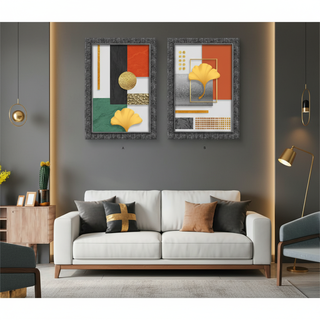 Golden Ginkgo Geometric Abstract — Set of 2 Framed Portrait Wall Art