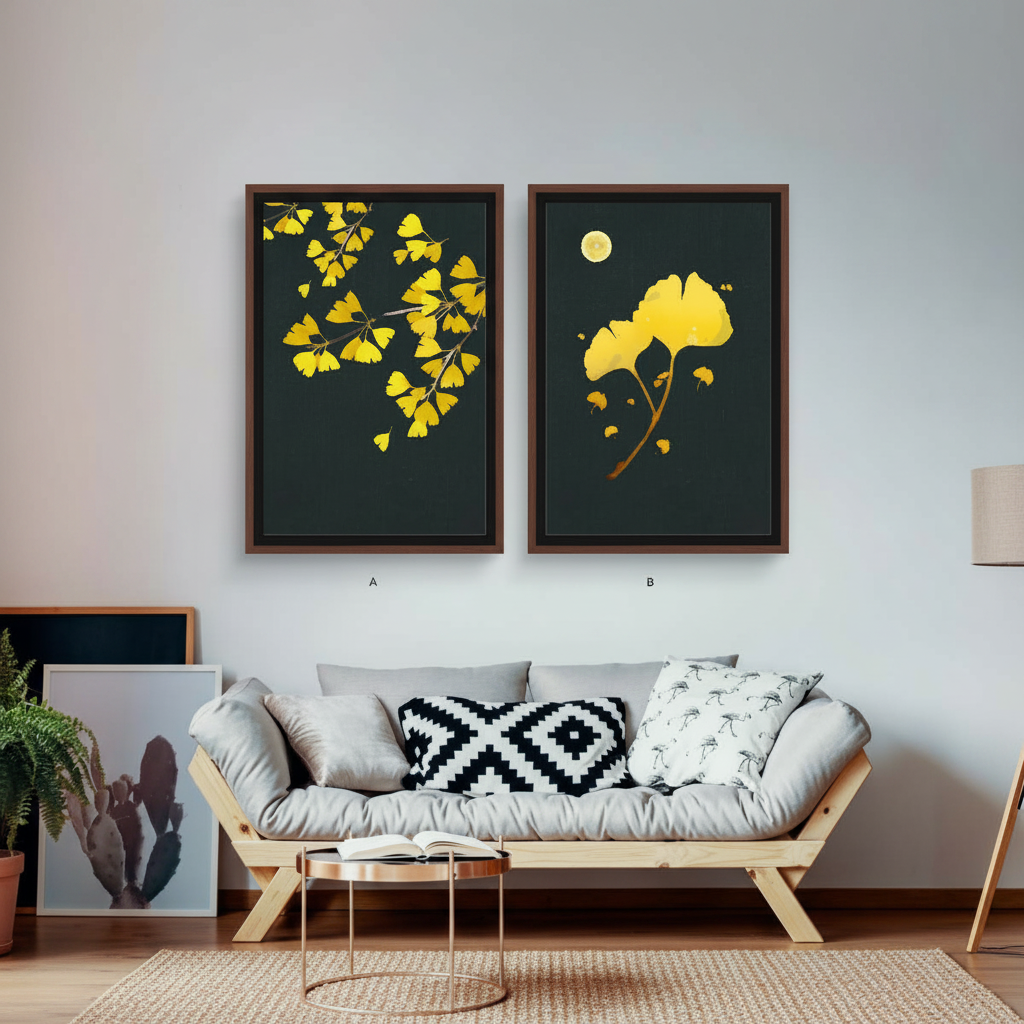 Golden Ginkgo Leaf Diptych Wall Art Set