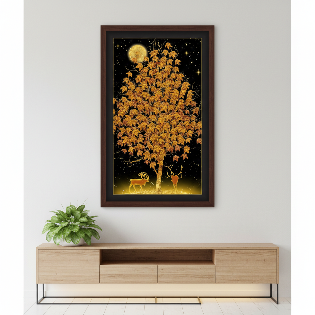 Golden Autumn Tree & Deer Night Wall Art
