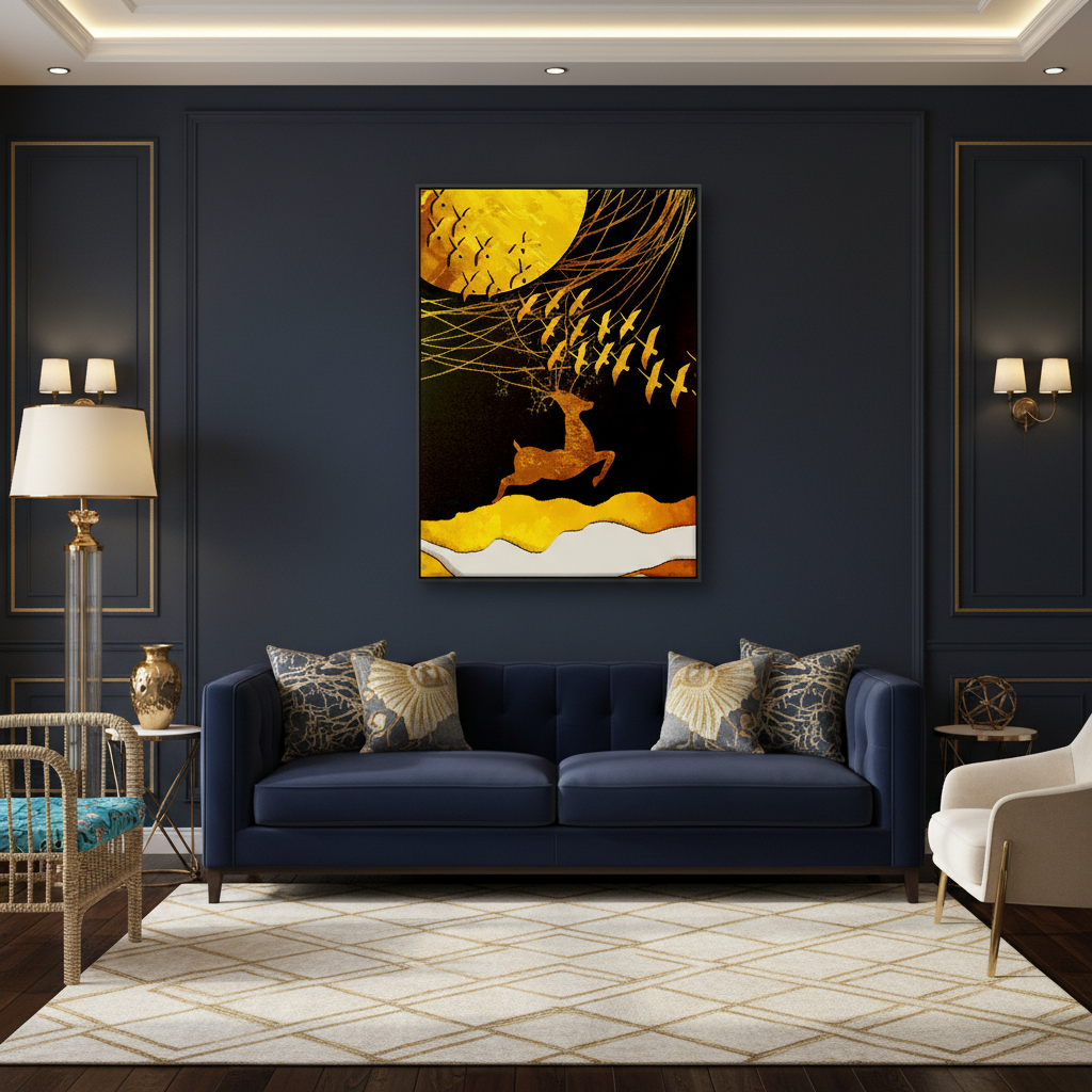 Golden Leaping Deer & Moonlit Birds — Single Panel Portrait Canvas Wall Art