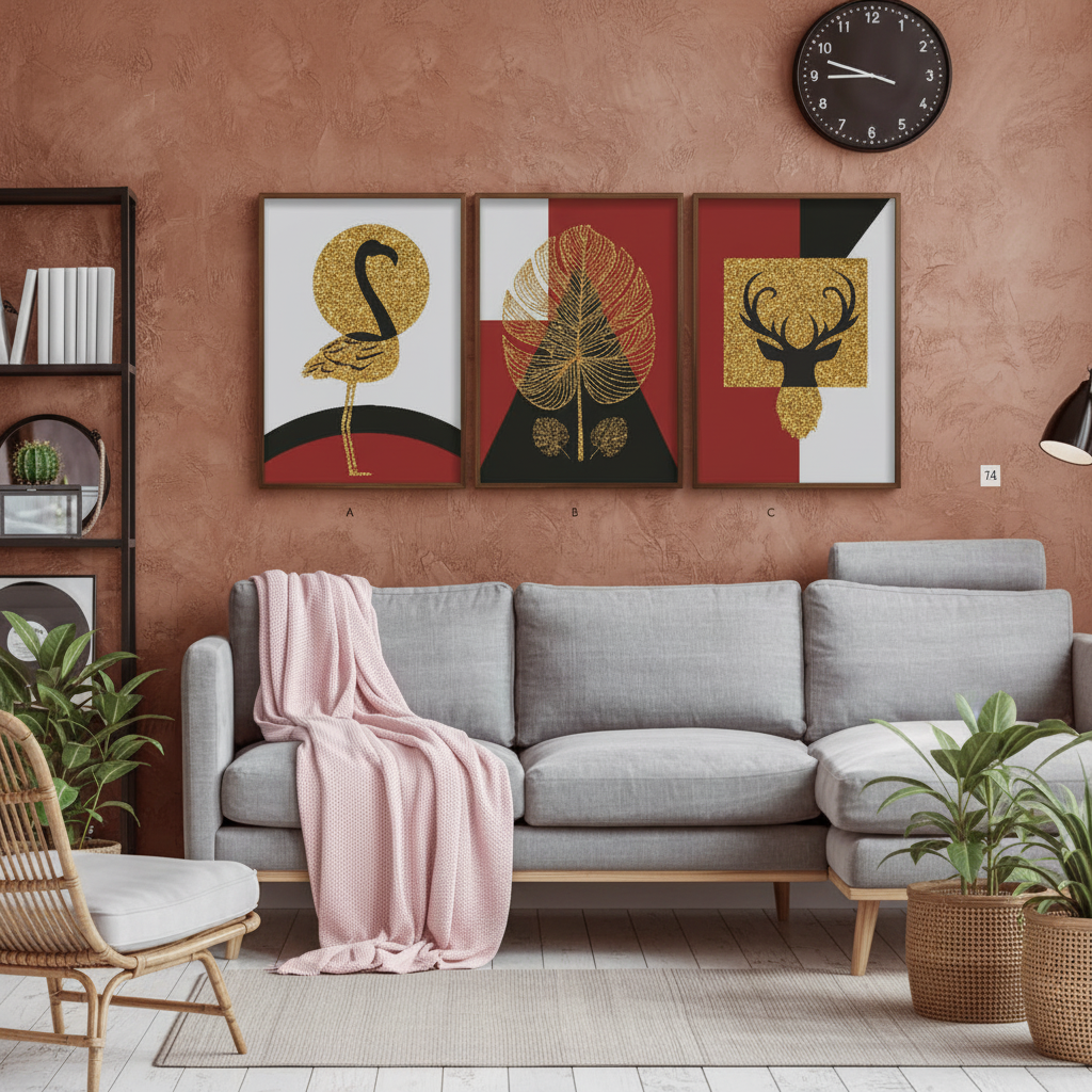 Golden Flamingo, Leaf & Deer — Geometric Triptych | Set of 3 Framed Wall Art