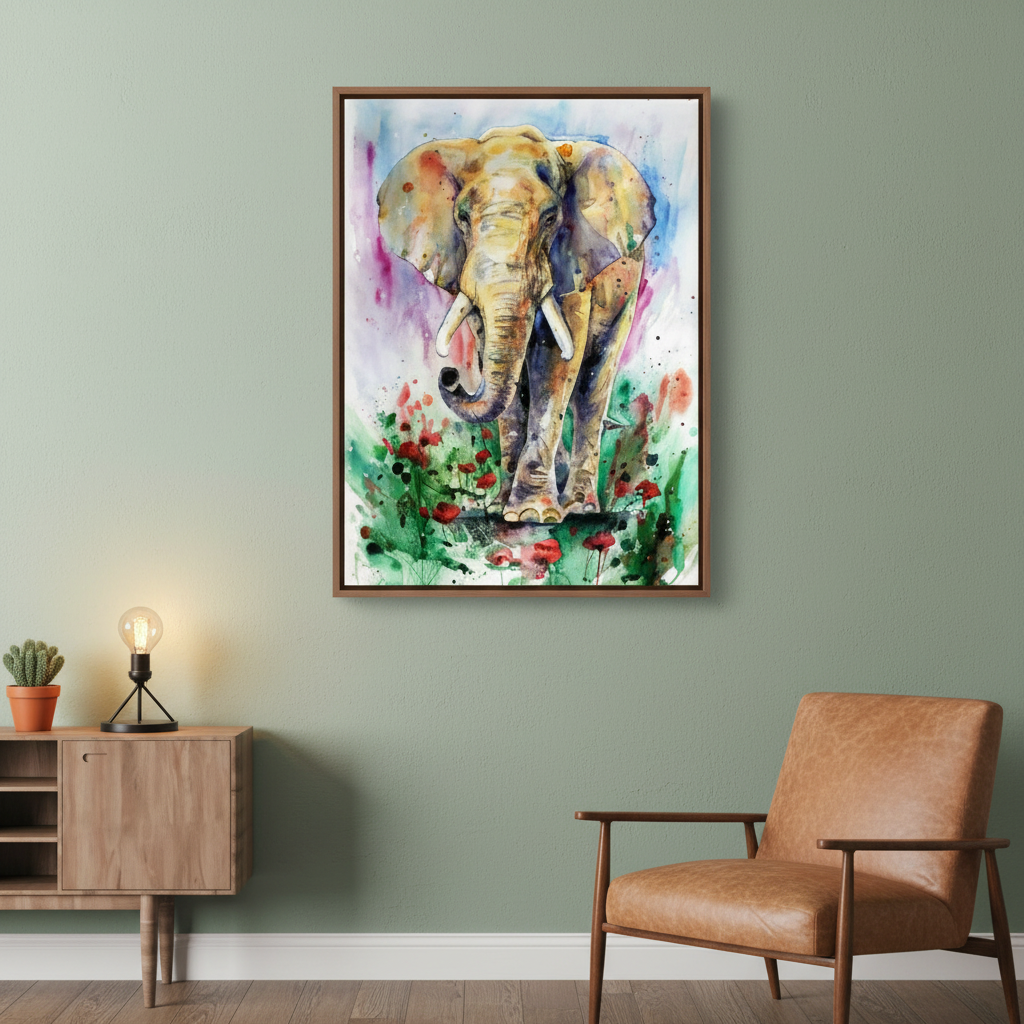 Majestic Elephant in Watercolour Bloom — Single Panel Portrait Canvas Wall Art