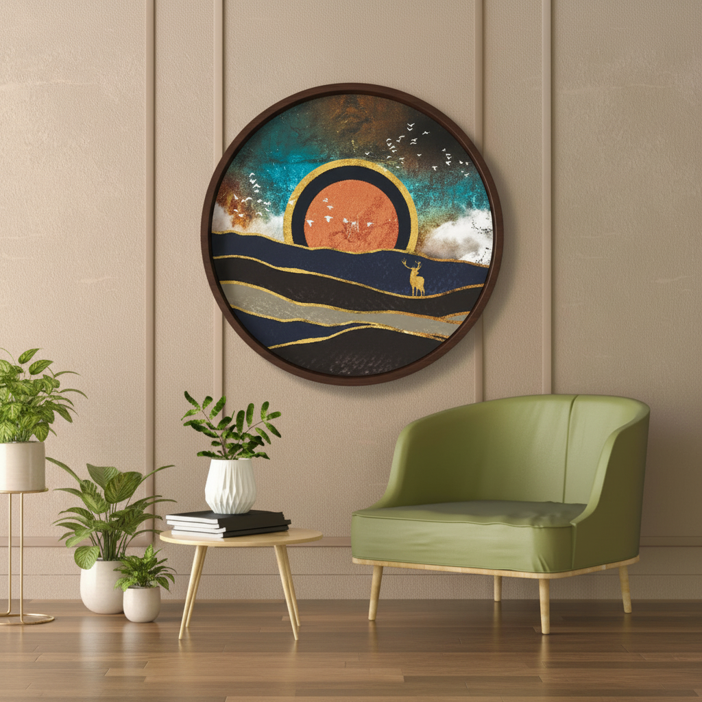 Golden Sunset Deer Circular Wall Art