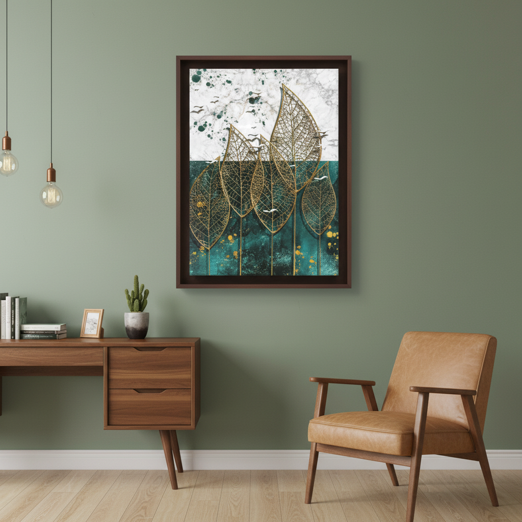 Golden Filigree Leaves on Marble & Teal — Single Panel Portrait Canvas Wall Art