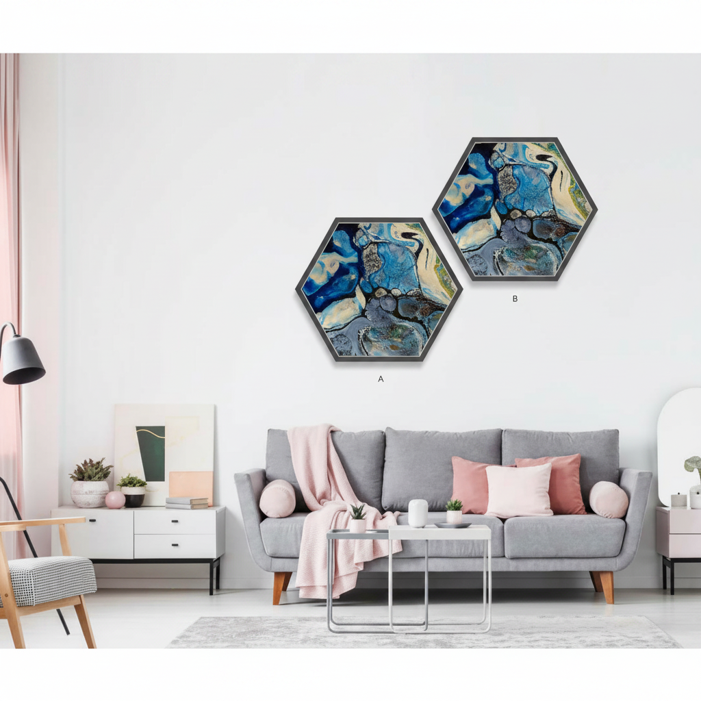Ocean Blue Fluid Art — Abstract Hexagonal Diptych | Set of 2 Canvas Wall Art
