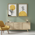 Golden Moon & Bare Tree — Minimalist Japanese Ink Diptych | Set of 2 Framed Wall Art
