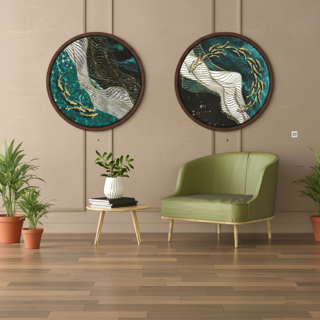 Teal Ocean Wave Koi Diptych Circular Wall Art Set