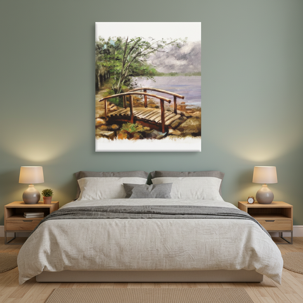 Lakeside Wooden Bridge Canvas Wall Art