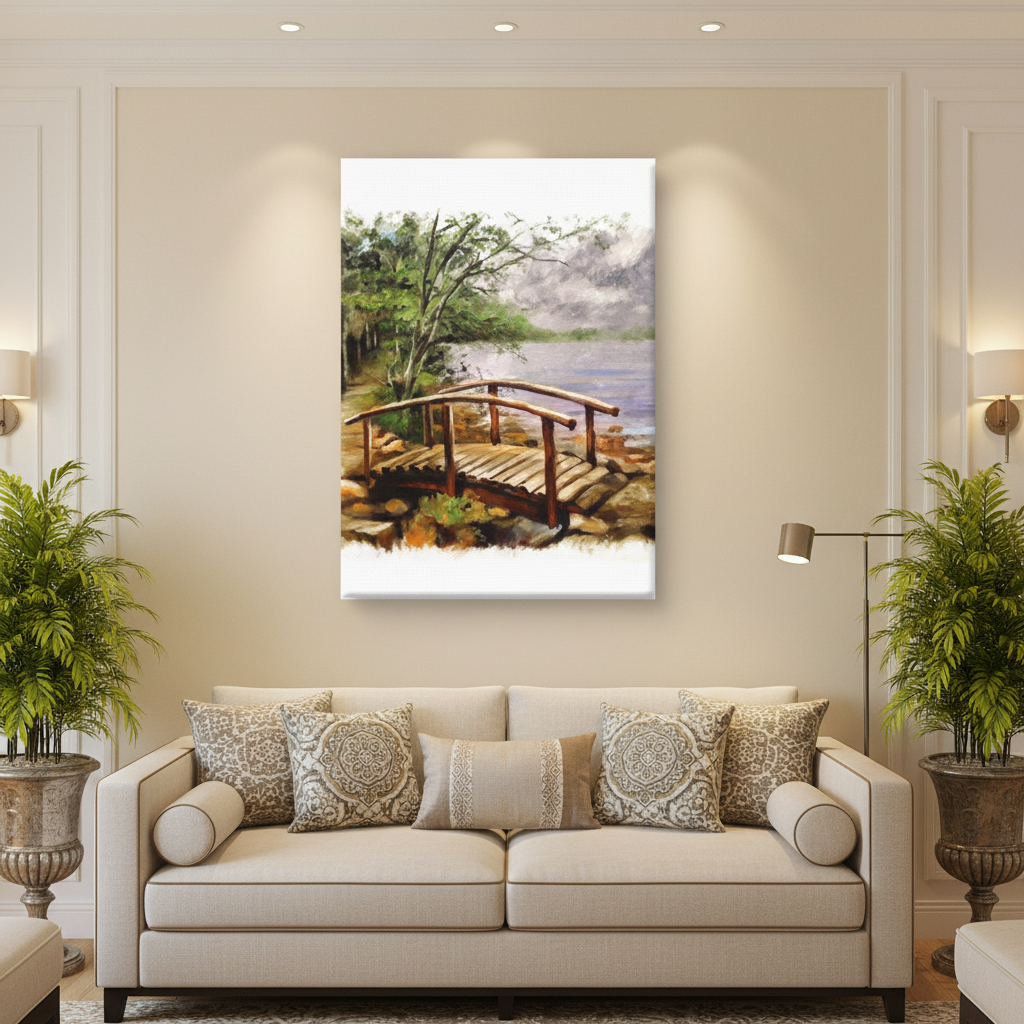 Lakeside Wooden Bridge Canvas Wall Art