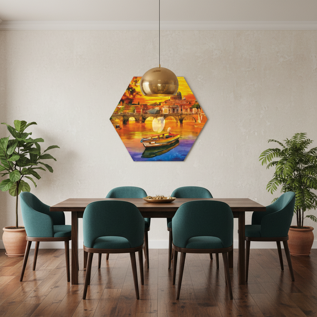 Golden Sunset Cityscape — Hexagonal Luxury Wall Art