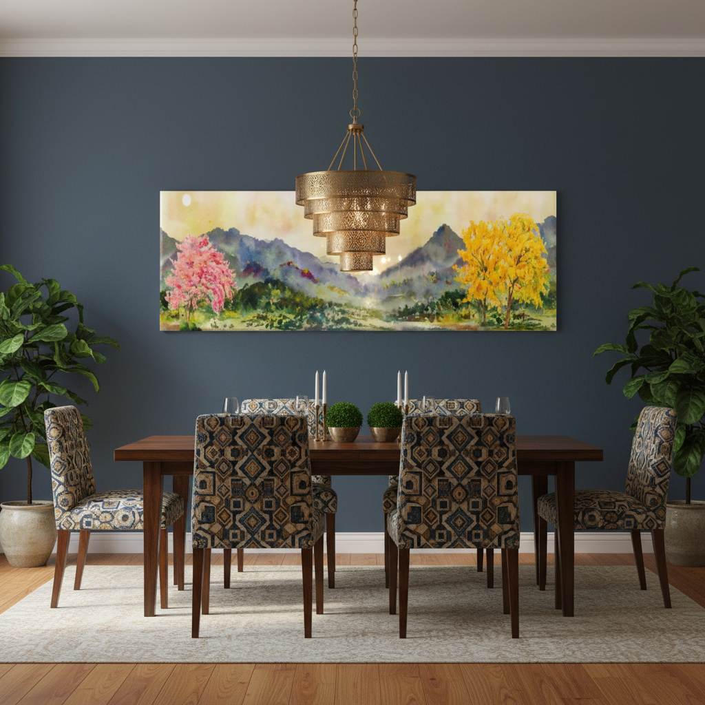 Blossom Valley — Watercolour Mountain Landscape Wall Art