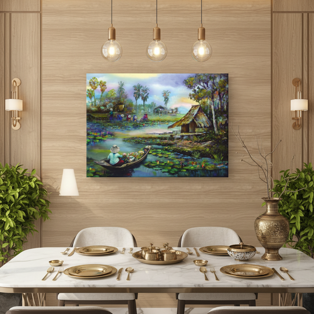 Lotus Village — Serene Pond & Boat Wall Art