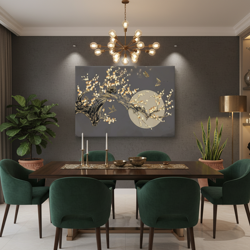 Moonlit Blossom & Golden Birds — Dark Luxury Wall Art