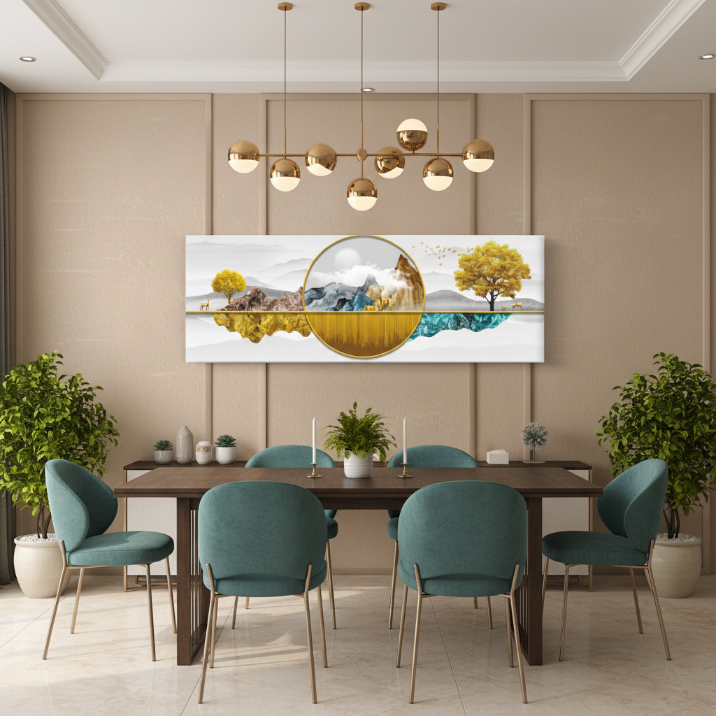 Golden Landscape & Teal Crystal — Luxury Panoramic Wall Art