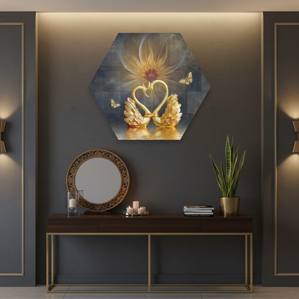 Golden Swan Love — Hexagonal Luxury Wall Art