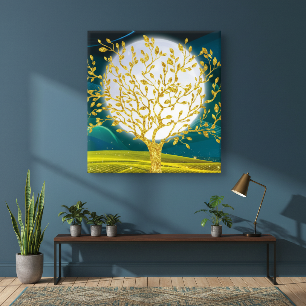 Golden Moon Tree — Teal Luxury Wall Art