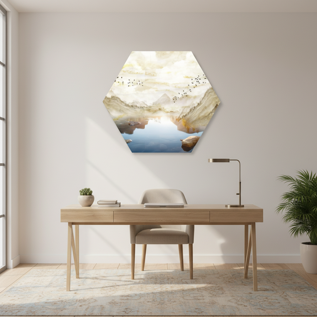 Misty Horizon — Hexagonal Watercolour Landscape Wall Art
