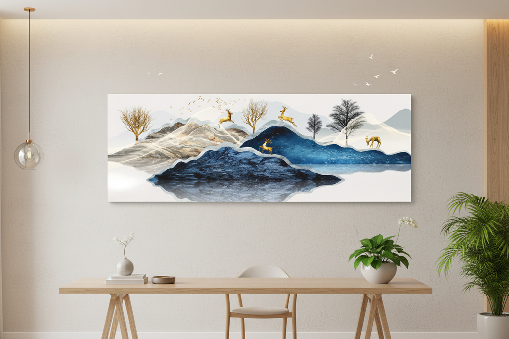 Golden Deer Zen — Chinese Ink Landscape Panoramic Wall Art