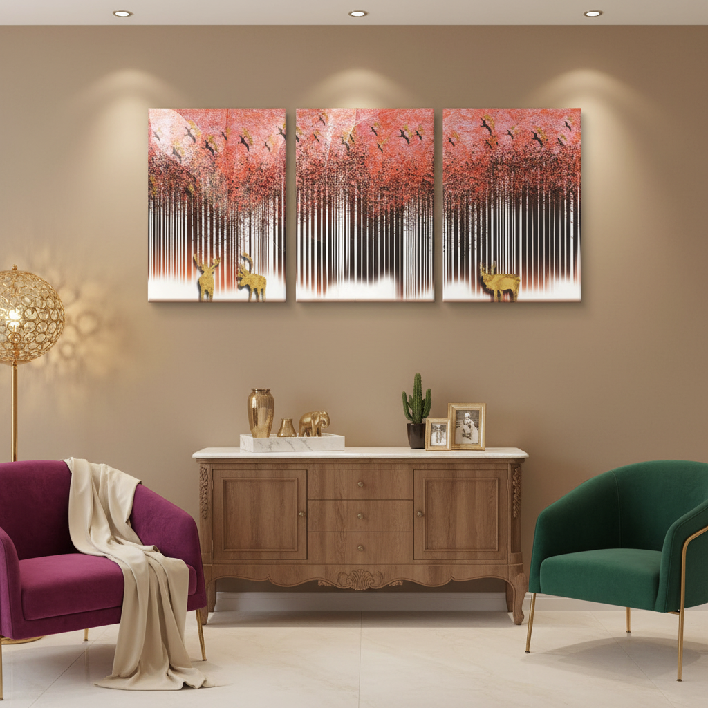 Pink Cherry Blossom Forest Deer Triptych Wall Art