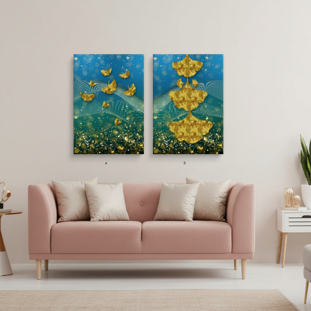 Golden Ginkgo Leaves in Teal Bokeh — Botanical Diptych | Set of 2 Framed Wall Art