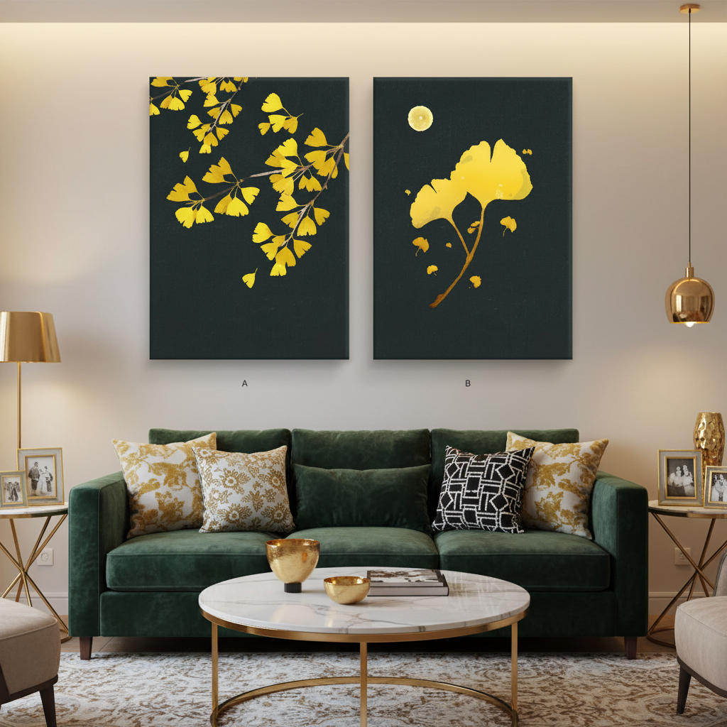 Golden Ginkgo Leaf Diptych Wall Art Set