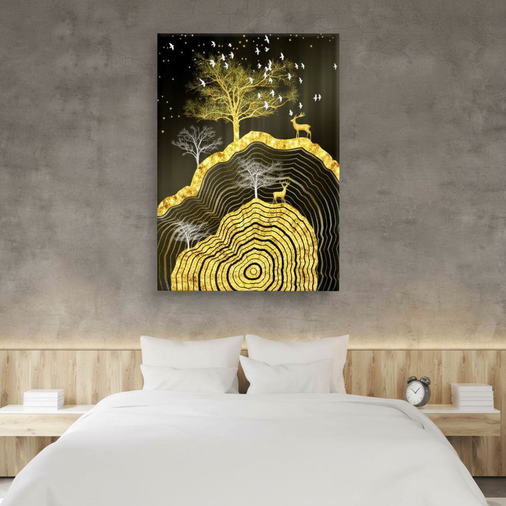 Golden Tree Rings & Deer — Surreal Night Landscape | Single Panel Portrait Canvas Wall Art
