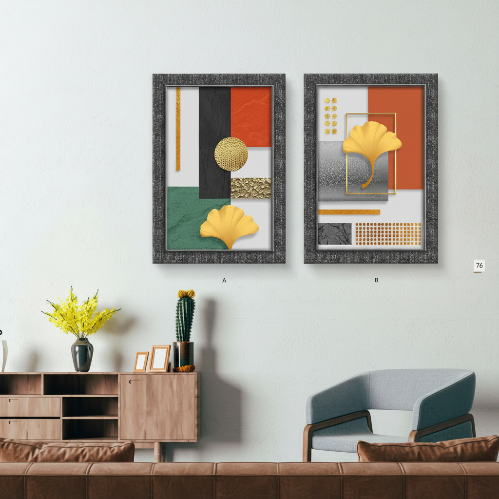 Golden Ginkgo Geometric Abstract — Set of 2 Framed Portrait Wall Art