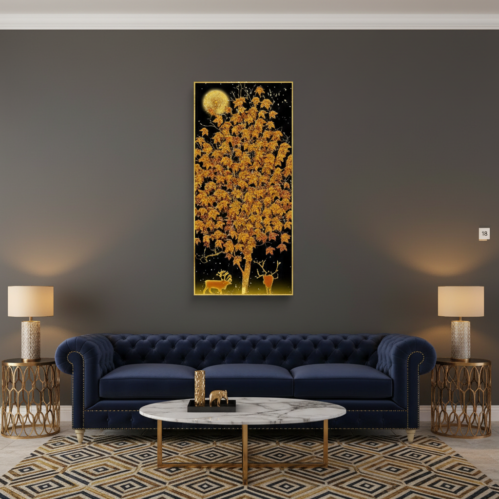 Golden Autumn Tree & Deer Night Wall Art