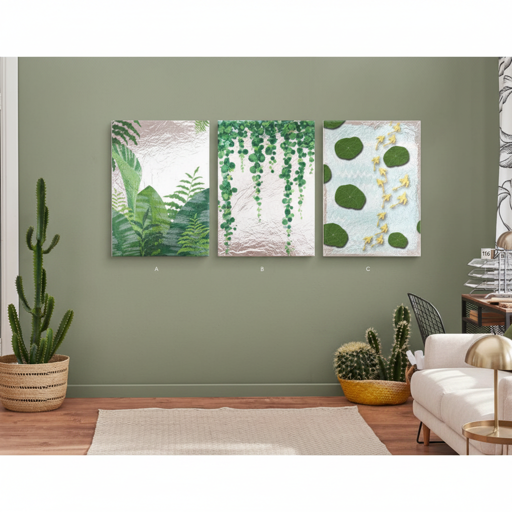 Tropical Leaves, Cascading Vines & Lily Pond — Botanical Triptych | Set of 3 Framed Wall Art