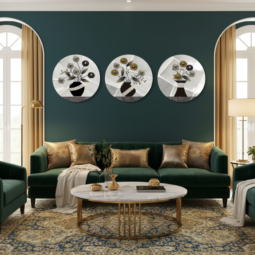 Abstract Floral Vase Triptych Circular Wall Art Set