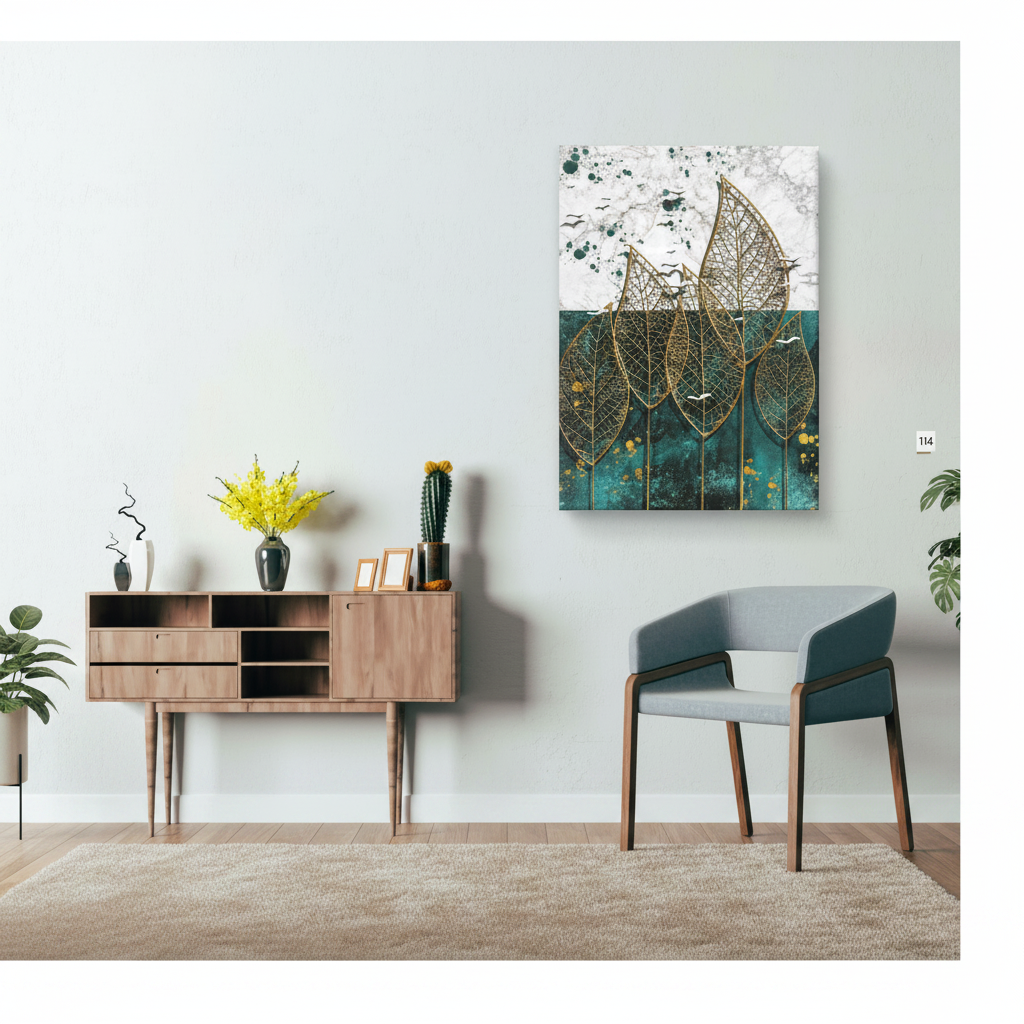Golden Filigree Leaves on Marble & Teal — Single Panel Portrait Canvas Wall Art