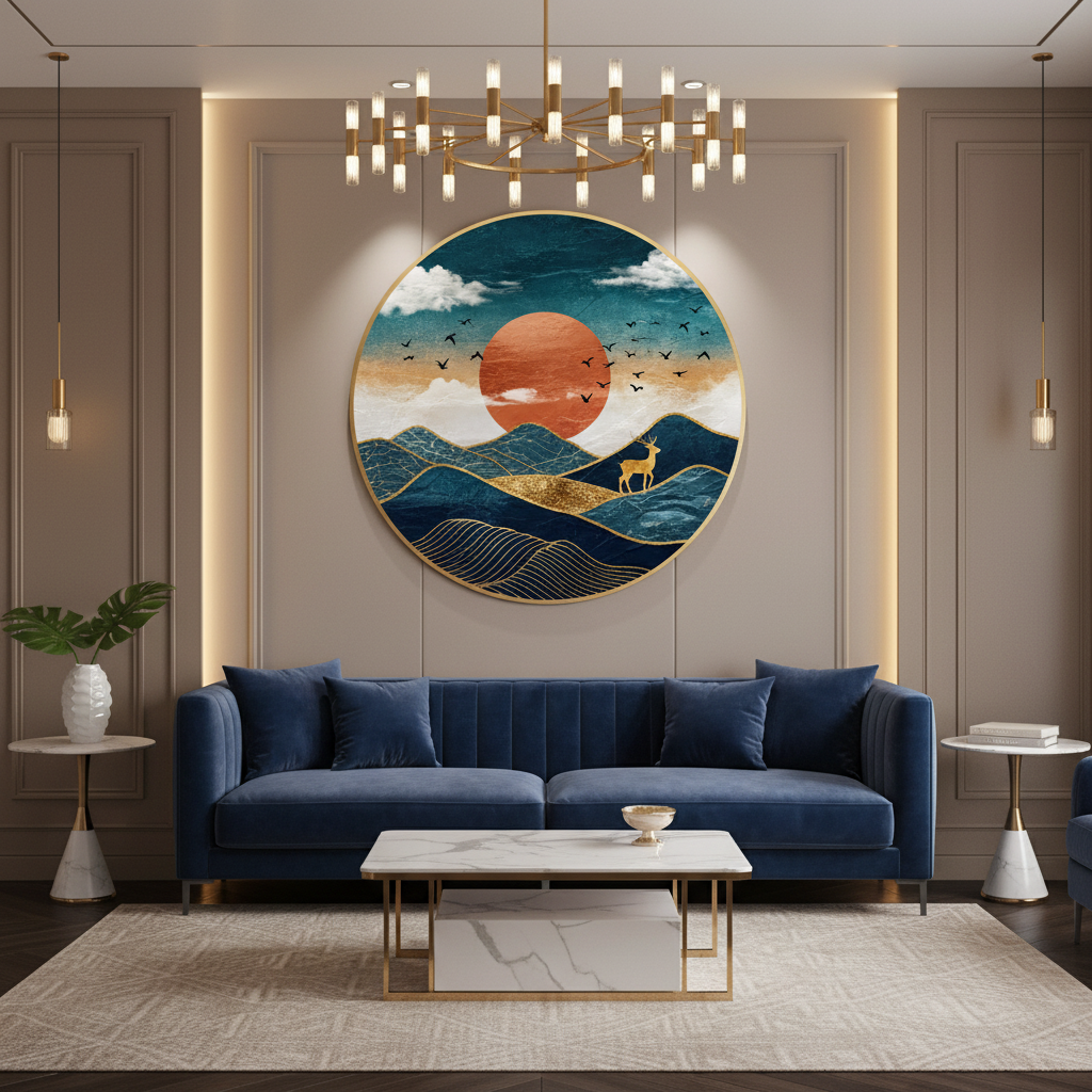 Teal & Gold Abstract Crane Circular Wall Art