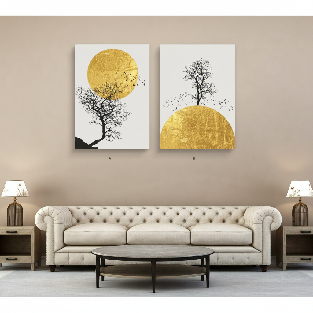 Golden Moon & Bare Tree — Minimalist Japanese Ink Diptych | Set of 2 Framed Wall Art