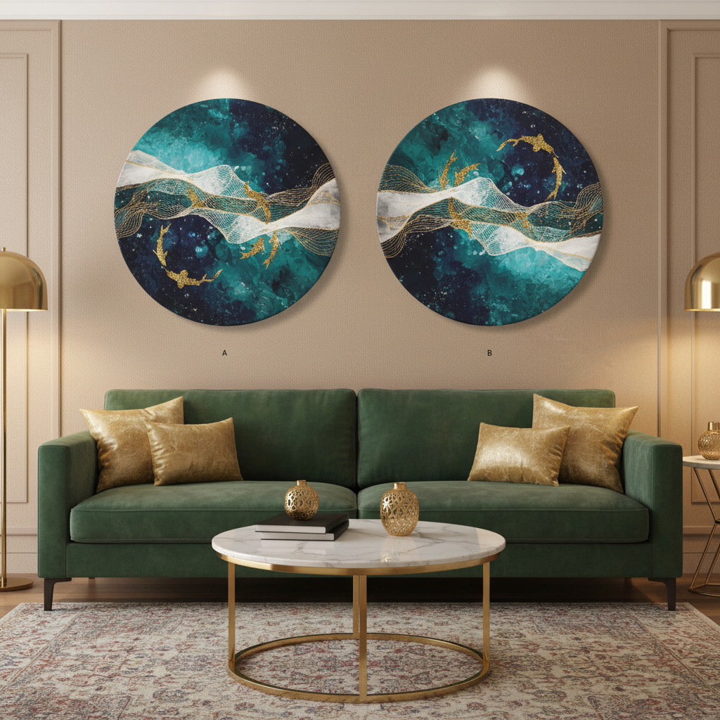 Teal Ocean Wave Koi Diptych Circular Wall Art Set