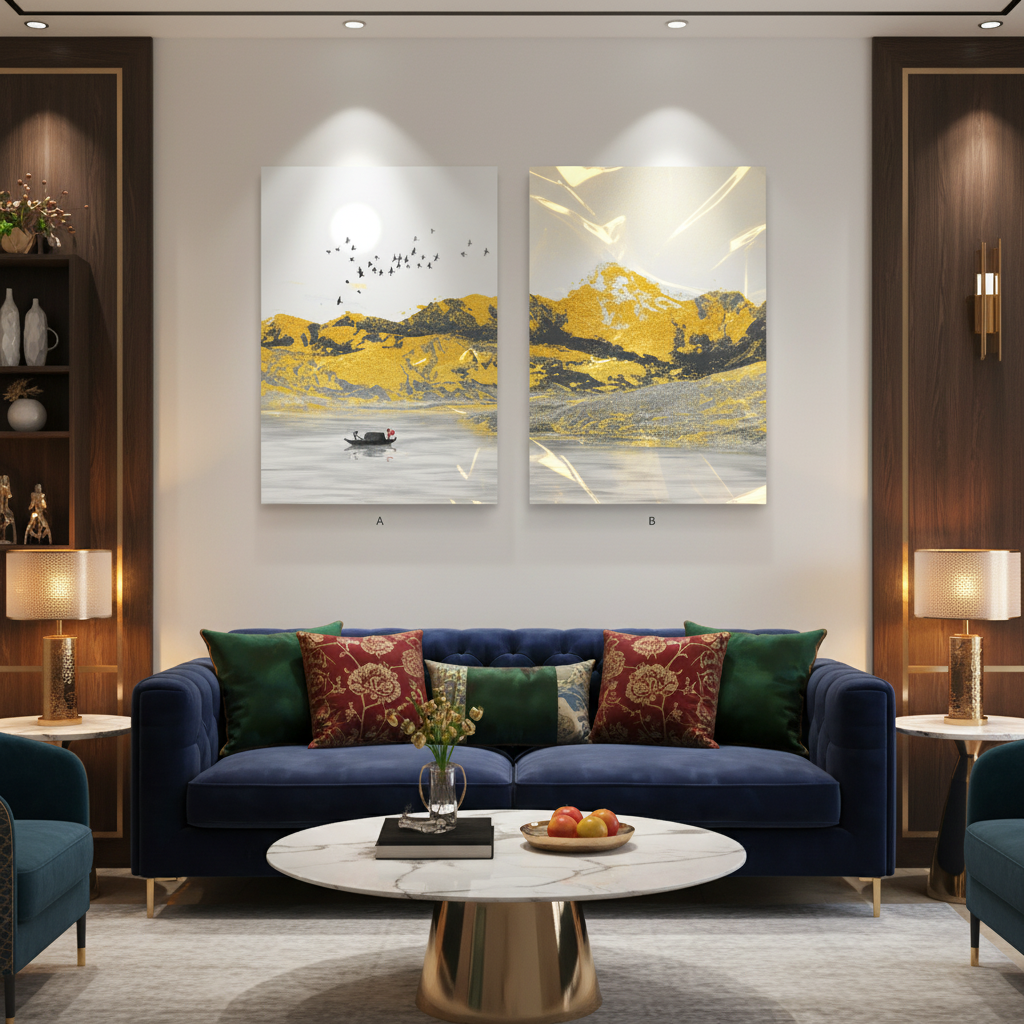 Golden Mountain Lake Diptych Wall Art Set