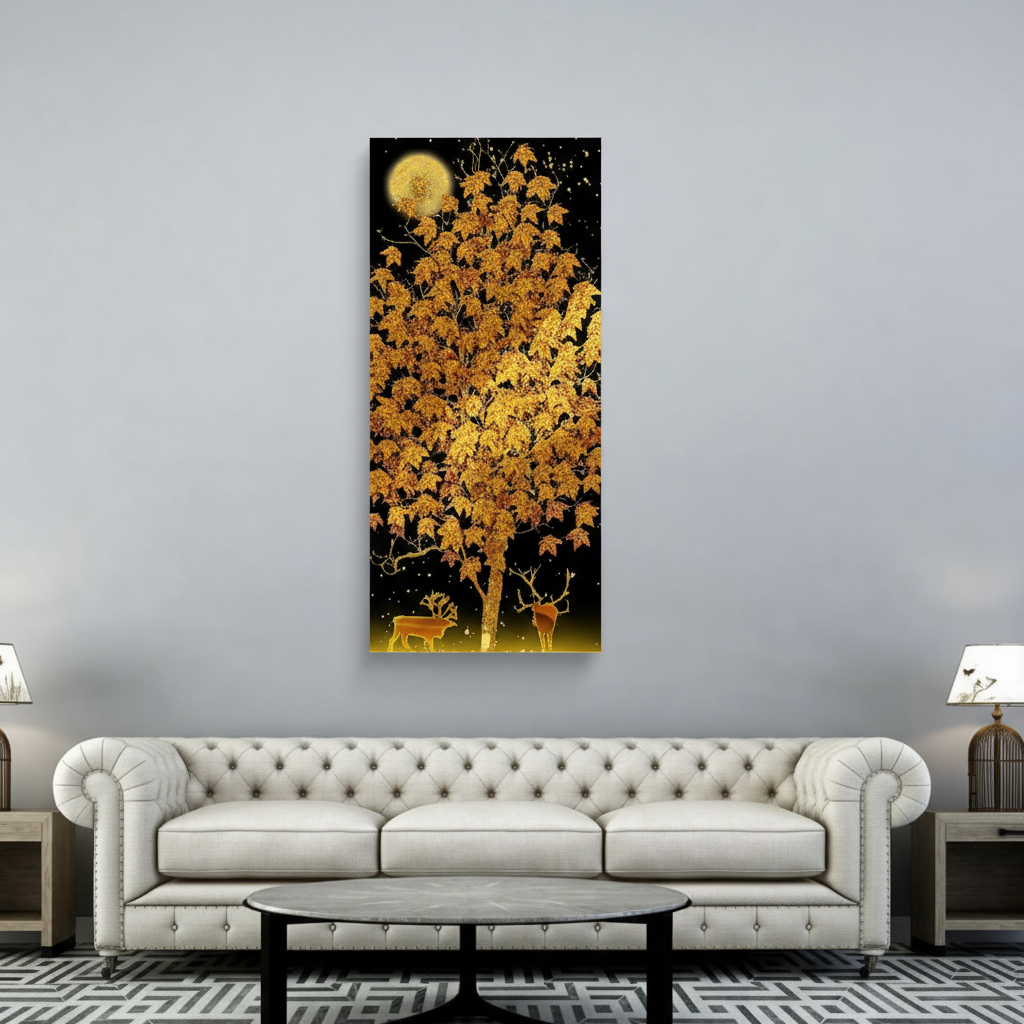 Golden Autumn Tree & Deer Night Wall Art