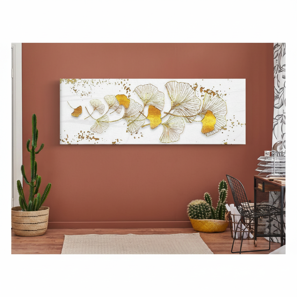 Golden Ginkgo Leaf Panorama | Botanical Elegance | Single Panel Wall Art