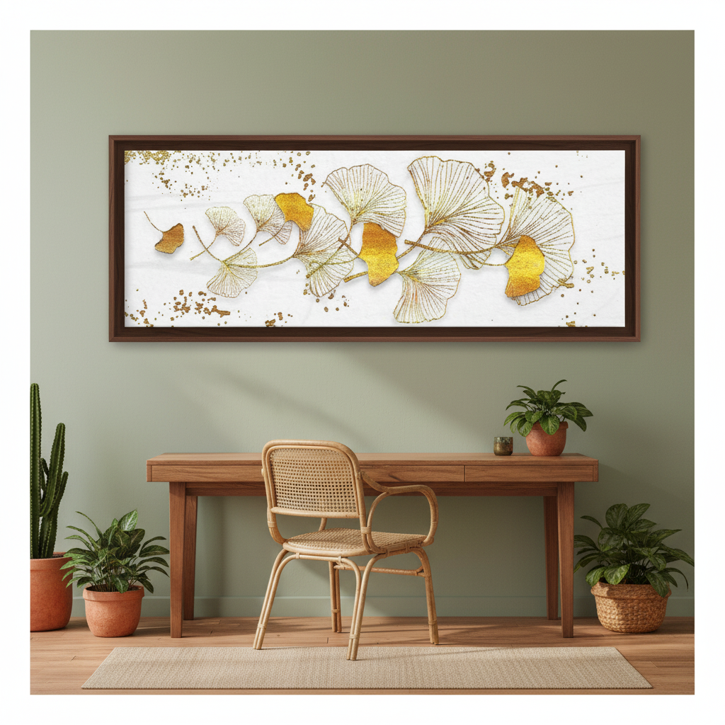 Golden Ginkgo Leaf Panorama | Botanical Elegance | Single Panel Wall Art