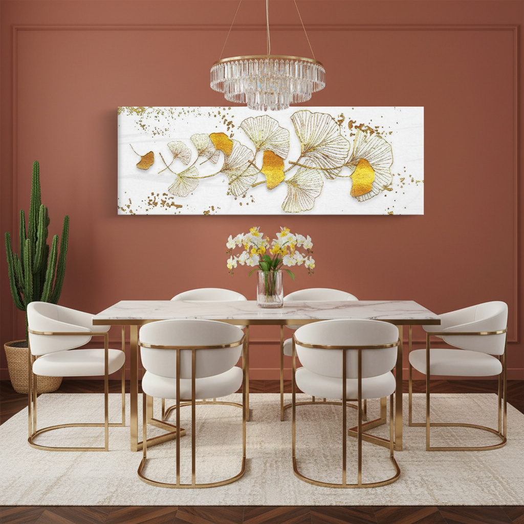 Golden Ginkgo Leaf Panorama | Botanical Elegance | Single Panel Wall Art