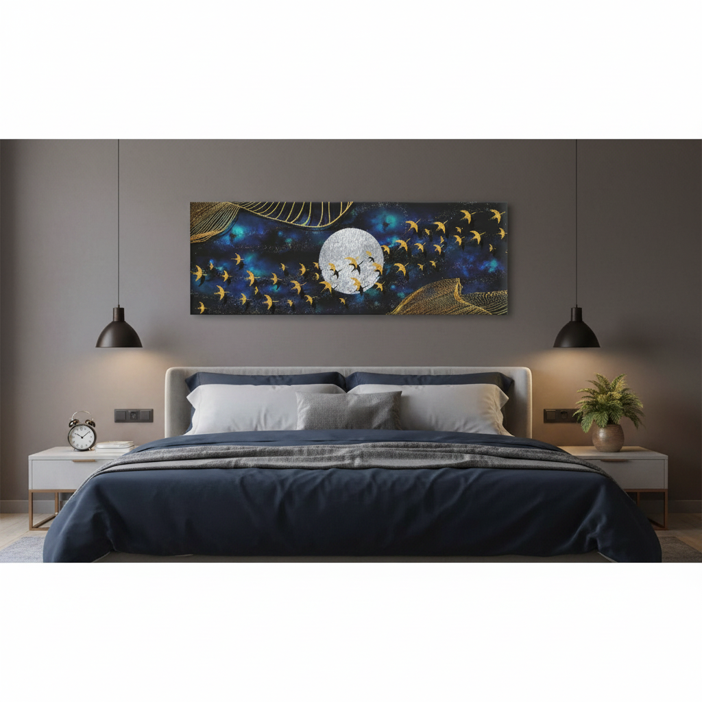 Golden Birds Moon Night Sky Panoramic Wall Art | Single Canvas Print