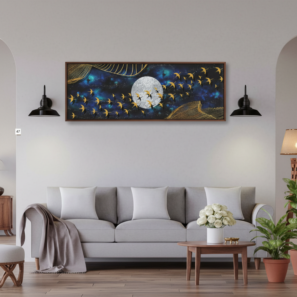 Golden Birds Moon Night Sky Panoramic Wall Art | Single Canvas Print
