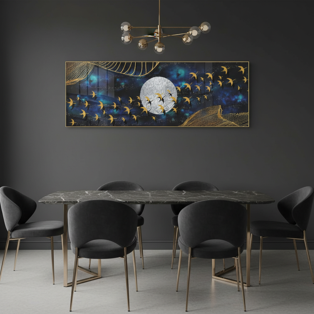 Golden Birds Moon Night Sky Panoramic Wall Art | Single Canvas Print