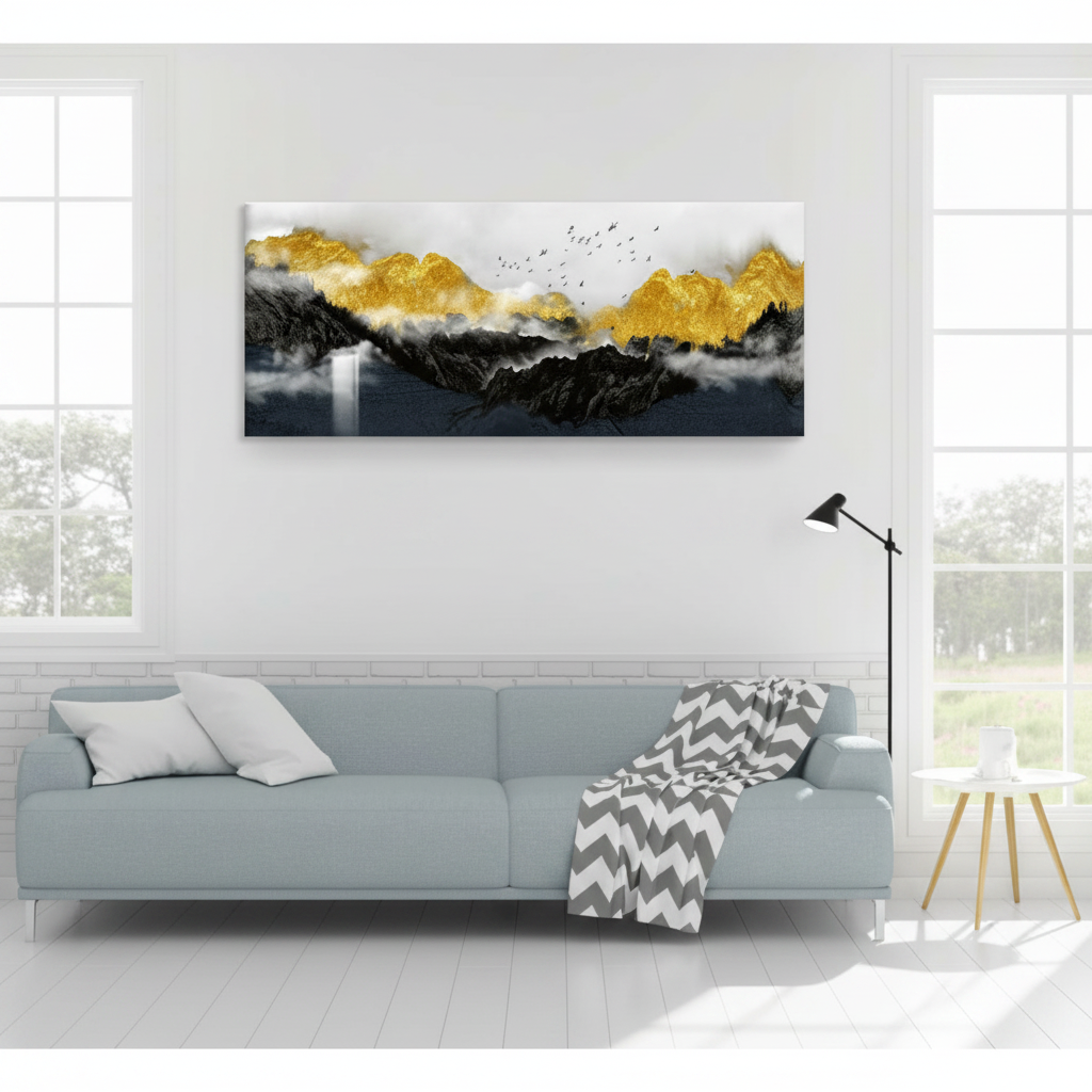 Misty Peaks in Gold — Mountain Landscape | Single Canvas Wall Art
