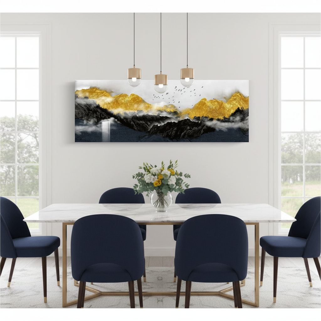 Misty Peaks in Gold — Mountain Landscape | Single Canvas Wall Art