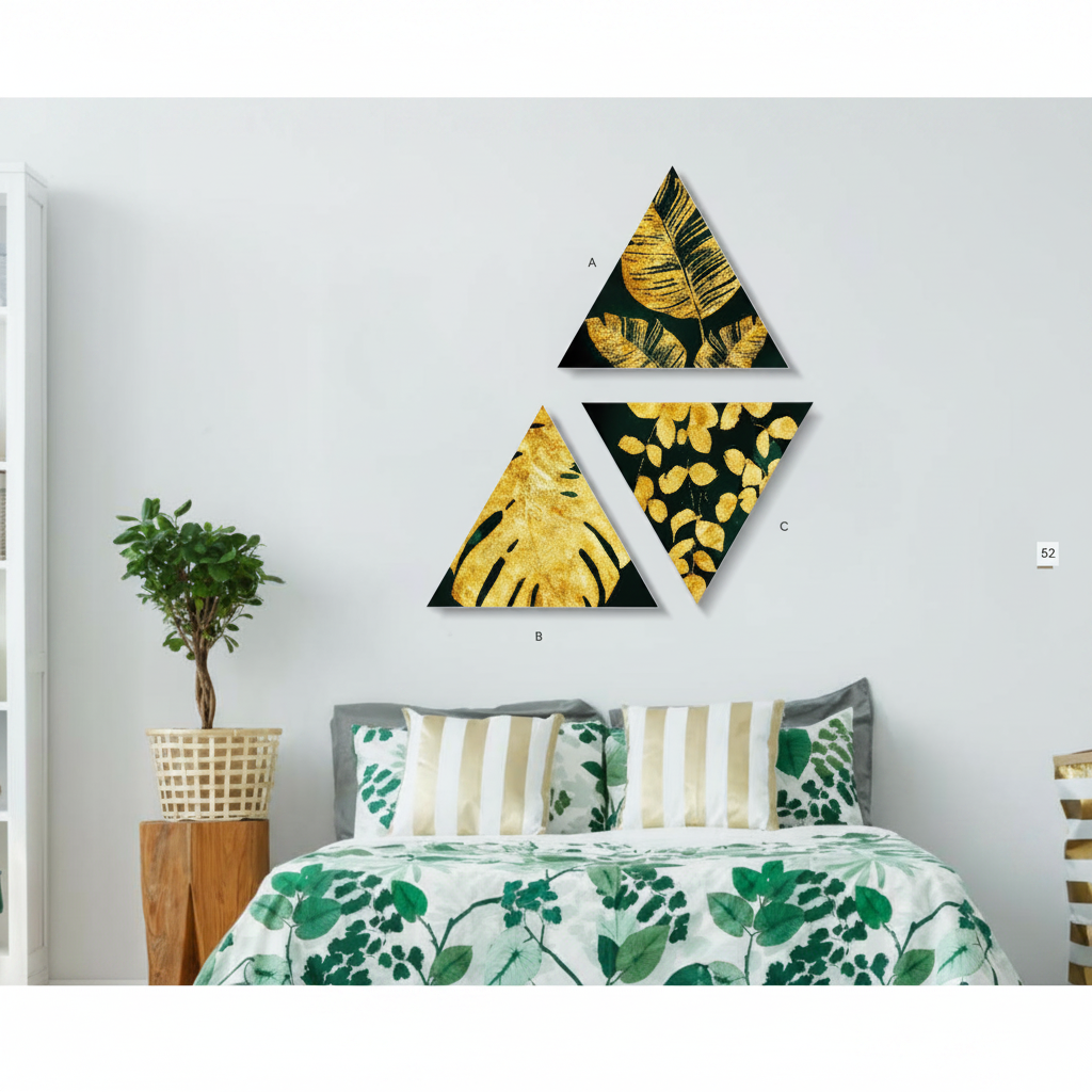 Gilded Jungle — Golden Botanical Triangle Triptych | Set of 3 Framed Wall Art