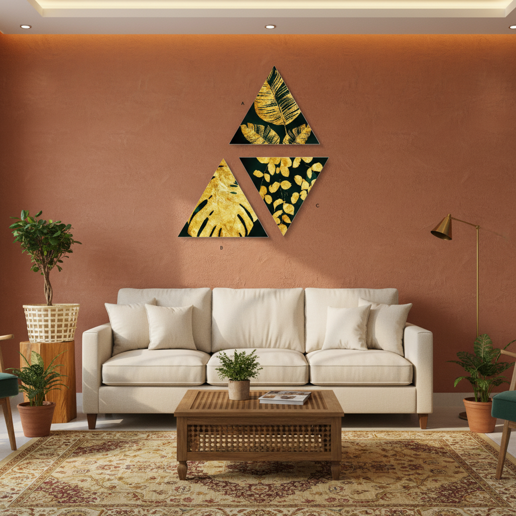 Gilded Jungle — Golden Botanical Triangle Triptych | Set of 3 Framed Wall Art
