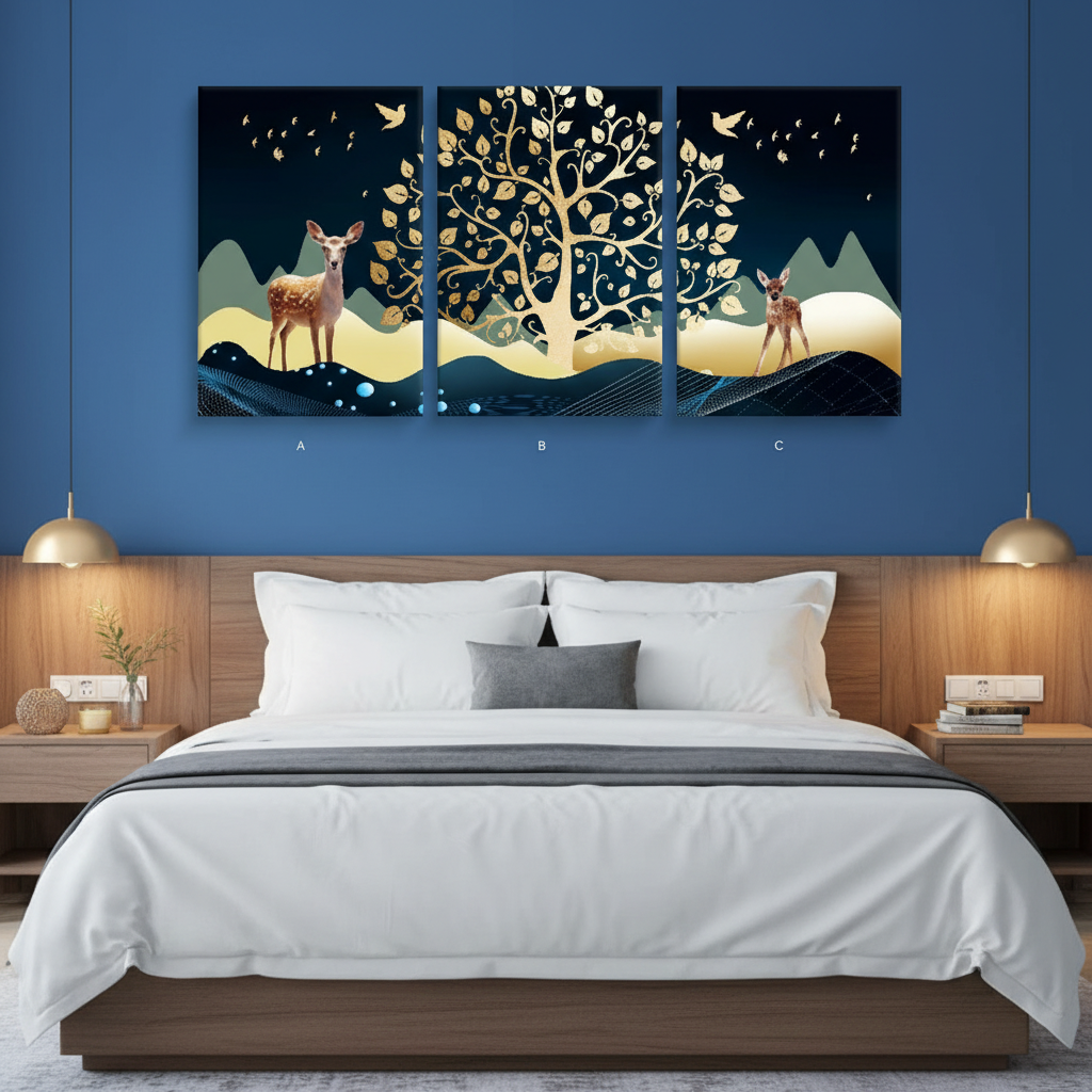 Enchanted Forest Deer & Golden Tree | 3 Panel Canvas Wall Art